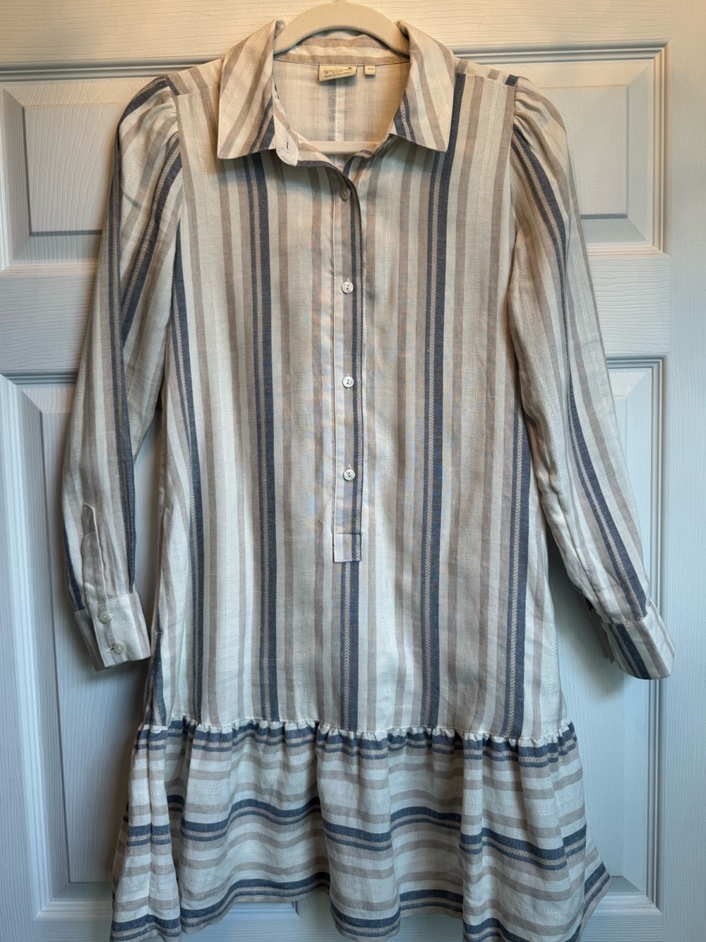 Spartina 449 Ivonne Striped Button Front Dress in White , Tan and Blue
